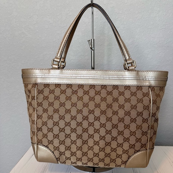 SOLD Gucci Monogram Mayfair Khaki Metallic Bow Tote - Picture 2 of 10